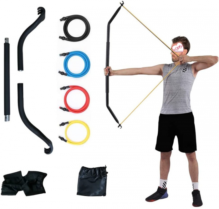 Bow Portable Home Gym Resistance Bands and Bar System for Travel Fitness Weightlifting and Exercise Kit Full Body Workout Equipment Set