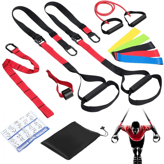 Suspension Trainer Bodyweight Training Straps for Full Body Workouts at Home, Includes Door Anchor, Extension Arms and Advanced Foot Straps.