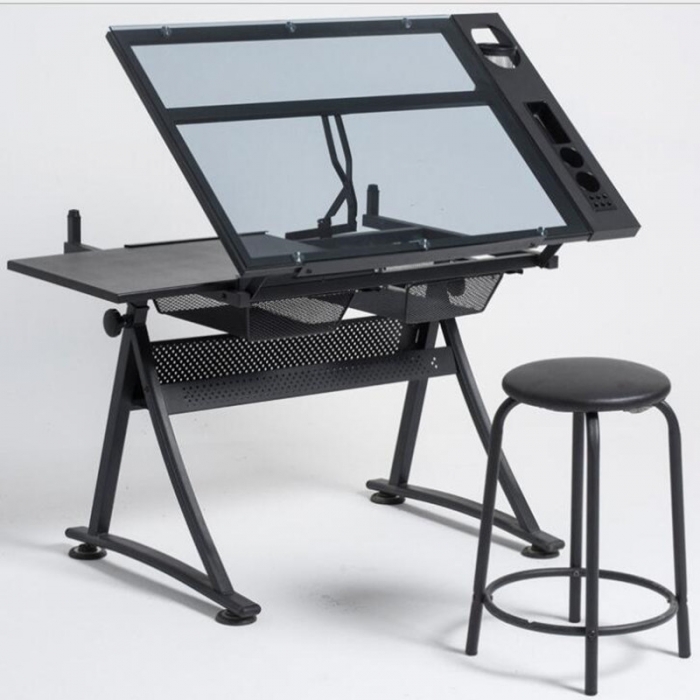 Home Office Drawing Desk Station Tempered Glass Adjustable Drafting Table